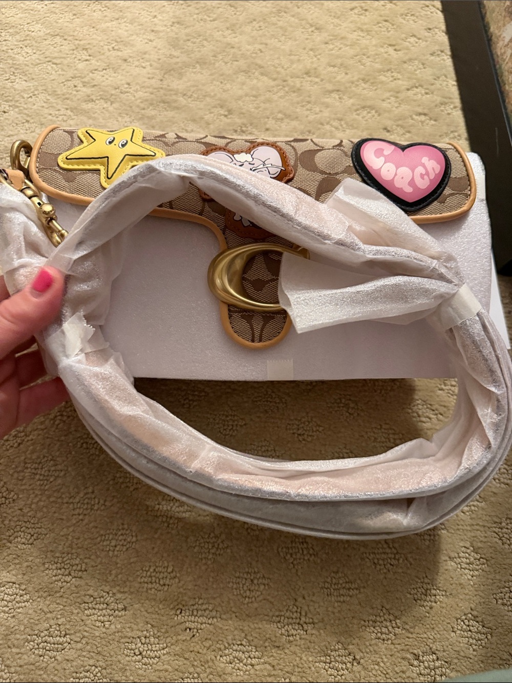 Coach Cream & Tan Signature Canvas Flap Bag with Playful Patches - Picture 4 of 7